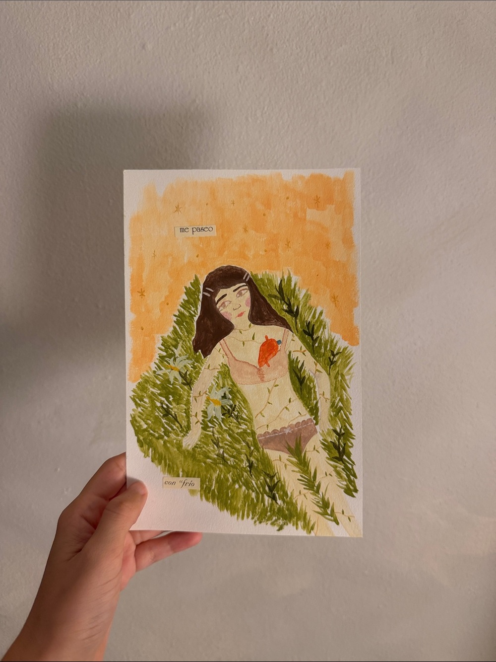 Handmade Watercolor Art Print - Woman in Orange and Green